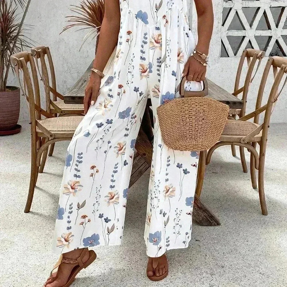 Multicolor White Boho Women's Summer Loose Printed Spaghetti Strap Jumpsuit - Picture 3 of 7